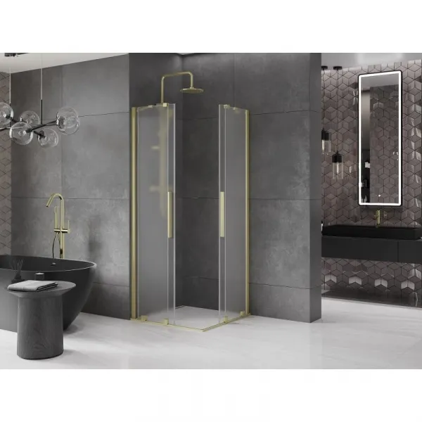MEXEN/S - Velar Duo sprchovací kút, posuvné dvere 80 x 80, dekor, zlato kartáčovaná 871-080-080-32-55