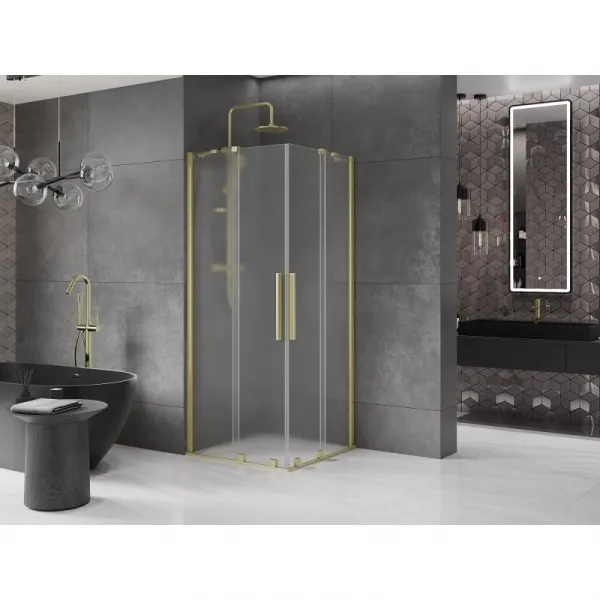 MEXEN/S - Velar Duo sprchovací kút, posuvné dvere 80 x 80, dekor, zlato kartáčovaná 871-080-080-32-55
