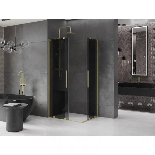 MEXEN/S - Velar Duo sprchovací kút, posuvné dvere 90 x 80, grafit, zlato kartáčovaná 871-090-080-42-55