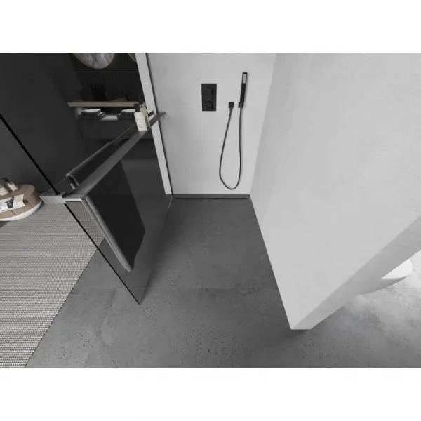 MEXEN/S - Kioto+ Sprchová zástena s poličkou WALK-IN 75 x 200, transparent, grafit kartáčovaná 800-075-121-66-00