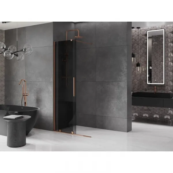 MEXEN/S - Velar Sprchová zástena posuvná Walk-in 85 x 200, grafit 8 mm, ružové zlato 871-085-000-43-60