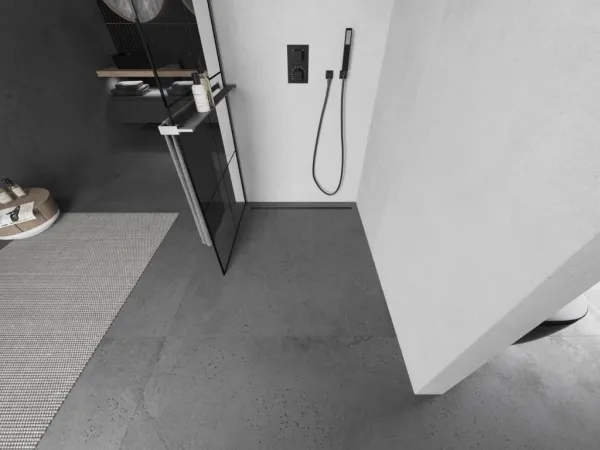 MEXEN/S - Kioto+ Sprchová zástena WALK-IN s poličkou a držiakom uterákov 90 x 200, čierny vzor, grafit metal 800-090-121-95-77