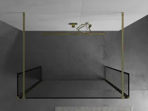 MEXEN/S - Kioto Sprchová zástena WALK-IN voľne stojaca 100 x 30 x 30, čierny vzor, zlatá kartáčovaná 800-100-030-222-55-70-030