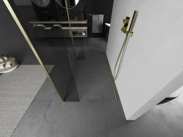 MEXEN/S - Kyoto Sprchová zástena WALK-IN voľne stojaca 90 x 30 x 30, transparent, zlatá kartáčovaná 800-090-030-222-55-00-030
