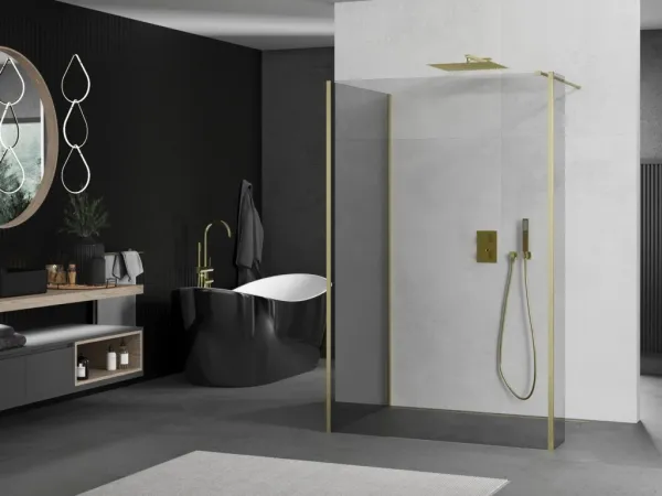 MEXEN/S - Kyoto Sprchová zástena WALK-IN 100 x 85 x 40, transparent, zlatá kartáčovaná 800-100-085-221-55-00-040