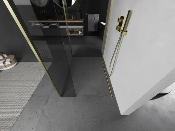 MEXEN/S - Kyoto Sprchová zástena WALK-IN 100 x 85 x 40, transparent, zlatá kartáčovaná 800-100-085-221-55-00-040