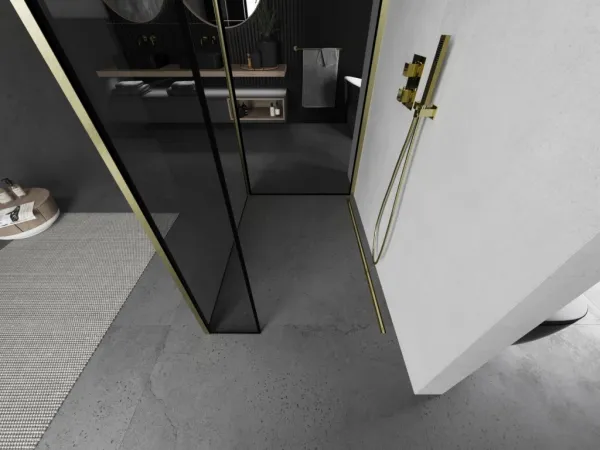 MEXEN/S - Kyoto Sprchová zástena WALK-IN 100 x 100 x 30, čierny vzor, zlatá kartáčovaná 800-100-100-221-55-70-030