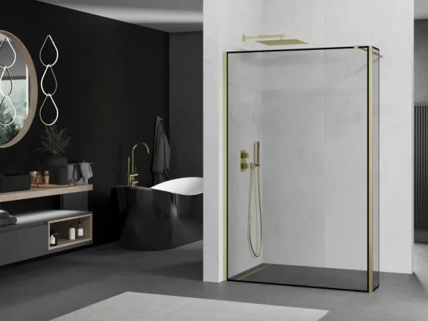 MEXEN/S - Kyoto Sprchová zástena WALK-IN 100 x 30, čierny vzor, zlatá kartáčovaná 800-100-212-55-70-030