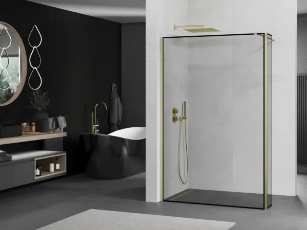 MEXEN/S - Kioto Sprchová zástena WALK-IN 120 x 30, čierny vzor, zlatá kartáčovaná 800-120-212-55-70-030