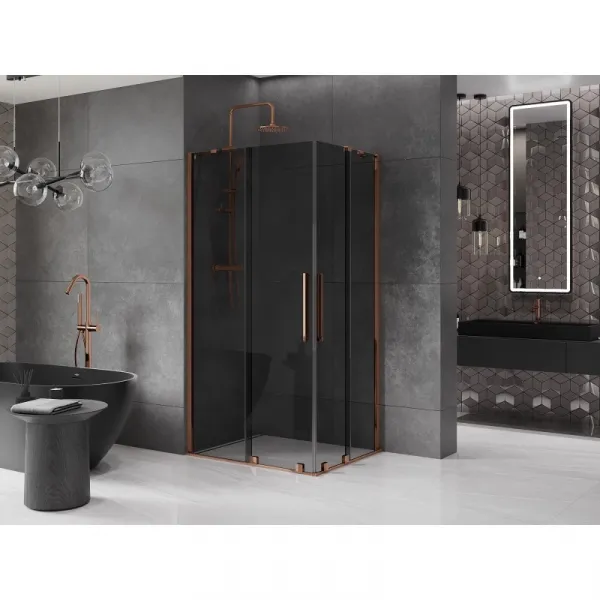 MEXEN/S - Velar Duo sprchovací kút, posuvné dvere 90 x 80, grafit, ružové zlato 871-090-080-42-60