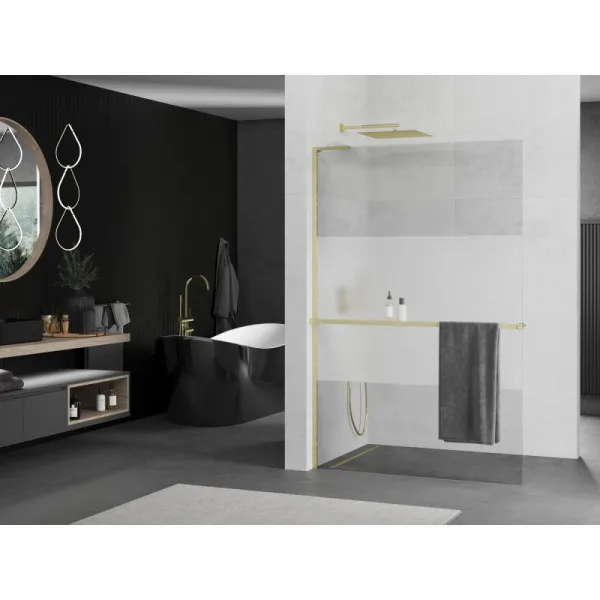 MEXEN/S - Kioto+ L Sprchová zástena WALK-IN s poličkou a držiakom uterákov 110 x 200, transparent/dekor, zlatá kartáčovaná 800-110-123-55-35