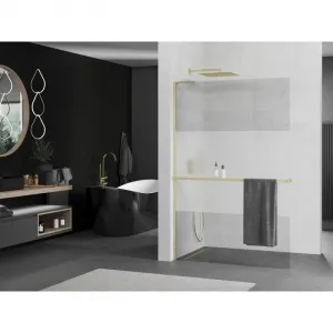 MEXEN/S - Kioto+ L Sprchová zástena WALK-IN s poličkou a držiakom uterákov 110 x 200, transparent/dekor, zlatá kartáčovaná 800-110-123-55-35