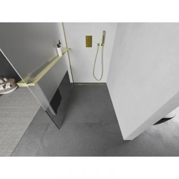 MEXEN/S - Kioto+ L Sprchová zástena WALK-IN s poličkou a držiakom uterákov 110 x 200, transparent/dekor, zlatá kartáčovaná 800-110-123-55-35