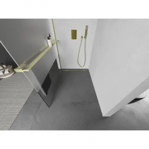 MEXEN/S - Kioto+ L Sprchová zástena WALK-IN s poličkou a držiakom uterákov 110 x 200, transparent/dekor, zlatá kartáčovaná 800-110-123-55-35