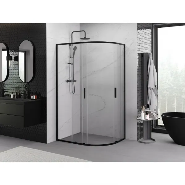 MEXEN/S - Exo štvrťkruhový asymetrický posuvný sprchovací kút 90 x 80, transparent, čierna 8132-090-080-70-00