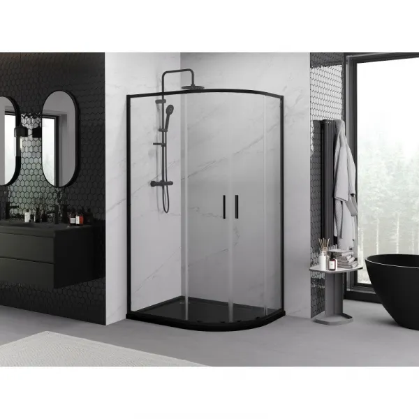 MEXEN/S - Exo štvrťkruhový asymetrický posuvný sprchovací kút 90 x 80, transparent, čierna 8132-090-080-70-00