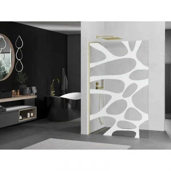 MEXEN/S - Kioto L Sprchová zástena WALK-IN 100 x 200, biely vzor, zlatá kartáčovaná 800-100-103-55-97