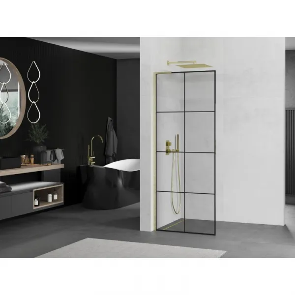 MEXEN/S - Kioto L Sprchová zástena WALK-IN 70 x 200, čierny vzor, zlato kartáčovaná 800-070-103-55-77