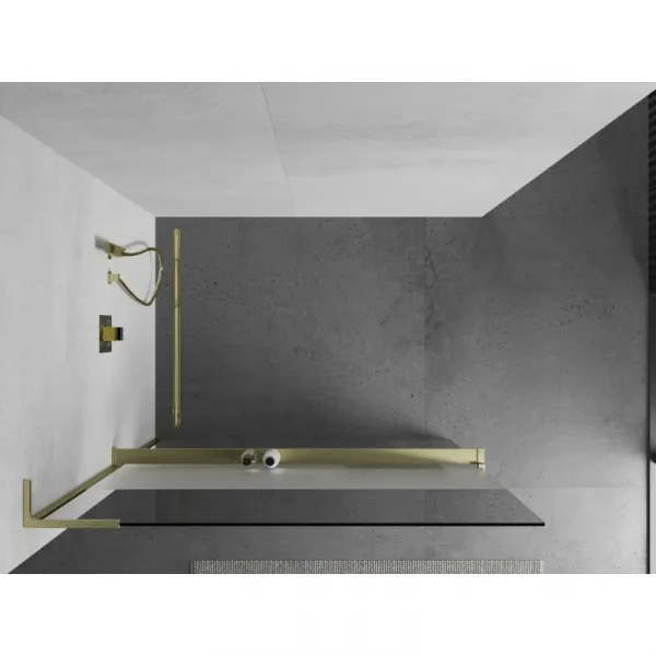 MEXEN/S - Kioto+ L Sprchová zástena WALK-IN s poličkou a držiakom uterákov 80 x 200, transparent/dekor, zlatá kartáčovaná 800-080-123-55-35