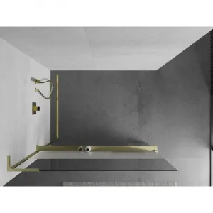 MEXEN/S - Kioto+ L Sprchová zástena WALK-IN s poličkou a držiakom uterákov 80 x 200, transparent/dekor, zlatá kartáčovaná 800-080-123-55-35