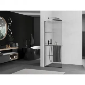 MEXEN/S - Kioto+ L Sprchová zástena WALK-IN s poličkou a držiakom uterákov 70 x 200, čierny vzor, grafit metal 800-070-123-95-77