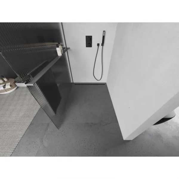 MEXEN/S - Kioto+ L Sprchová zástena WALK-IN s poličkou a držiakom uterákov 120 x 200, prúžky, grafit metal 800-120-123-95-09