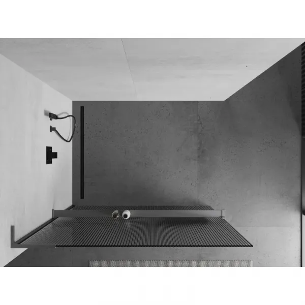 MEXEN/S - Kioto+ L Sprchová zástena WALK-IN s poličkou a držiakom uterákov 80 x 200, prúžky, grafit metal 800-080-123-95-09