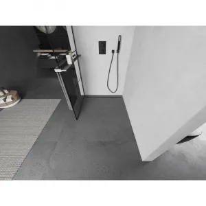MEXEN/S - Kioto+ L Sprchová zástena WALK-IN s poličkou a držiakom uterákov 90 x 200, čierny vzor, grafit metal 800-090-123-95-77