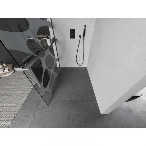 MEXEN/S - Kioto+ L Sprchová zástena WALK-IN s poličkou a držiakom uterákov 90 x 200, biely vzor, grafit metal 800-090-123-95-97
