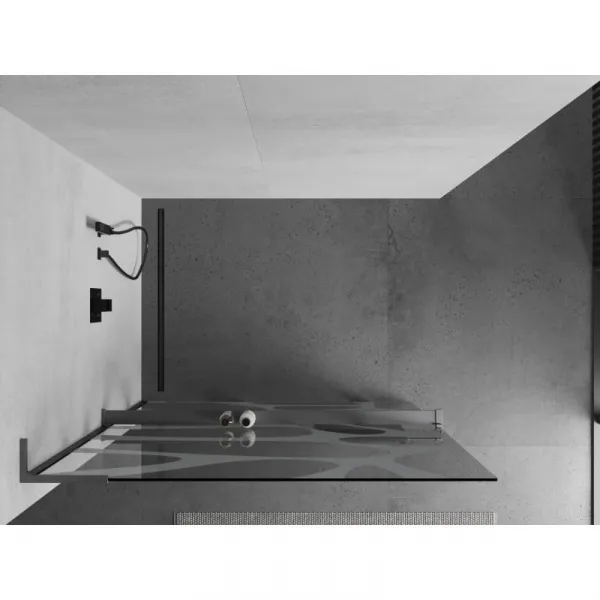 MEXEN/S - Kioto+ L Sprchová zástena WALK-IN s poličkou a držiakom uterákov 100 x 200, biely vzor, grafit metal 800-100-123-95-97