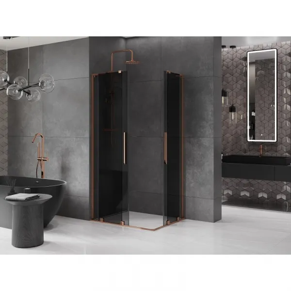 MEXEN/S - Velar L Duo sprchovací kút, posuvné dvere 90 x 80, grafit, ružové zlato 871-090-080-02-43-60