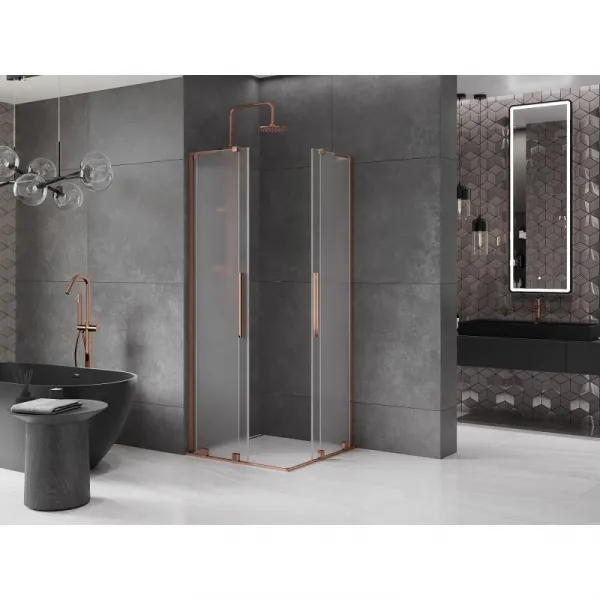 MEXEN/S - Velar L Duo sprchovací kút, posuvné dvere 80 x 80, dekor, ružové zlato 871-080-080-02-33-60