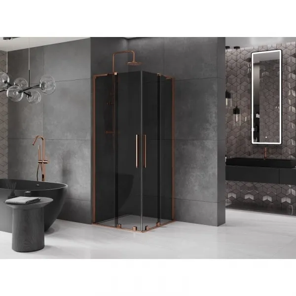 MEXEN/S - Velar L Duo sprchovací kút, posuvné dvere 80 x 80, grafit, ružové zlato 871-080-080-02-43-60