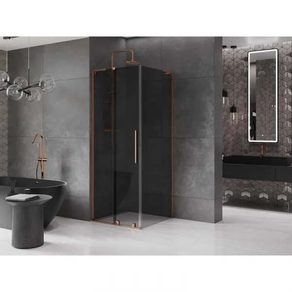 MEXEN/S - Velar L sprchovací kút, posuvné dvere 90 x 90, grafit, ružové zlato 871-090-090-43-60