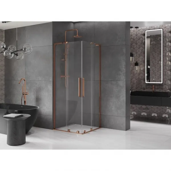 MEXEN/S - Velar L Duo sprchovací kút, posuvné dvere 90 x 90, transparent, ružové zlato 871-090-090-02-03-60