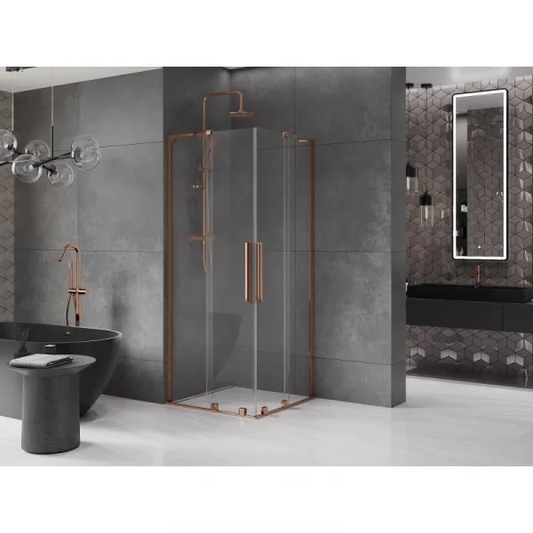 MEXEN/S - Velar L Duo sprchovací kút, posuvné dvere 100 x 100, transparent, ružové zlato 871-100-100-02-03-60