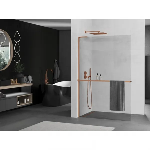 MEXEN/S - Kioto+ L Sprchová zástena WALK-IN s poličkou a držiakom uterákov 75 x 200, transparent, ružové zlato 800-075-123-60-00