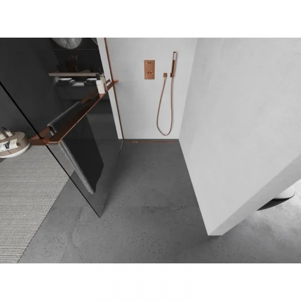 MEXEN/S - Kioto+ L Sprchová zástena WALK-IN s poličkou a držiakom uterákov 75 x 200, transparent, ružové zlato 800-075-123-60-00