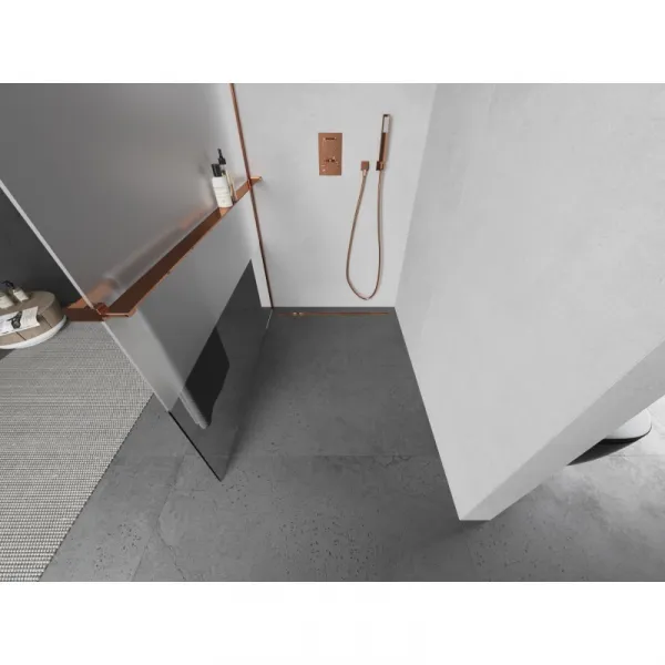 MEXEN/S - Kioto+ L Sprchová zástena WALK-IN s poličkou a držiakom uterákov 100 x 200, transparent/dekor, ružové zlato 800-100-123-60-35