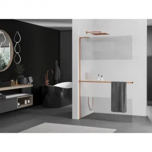 MEXEN/S - Kioto+ L Sprchová zástena WALK-IN s poličkou a držiakom uterákov 120 x 200, transparent/dekor, ružové zlato 800-120-123-60-35
