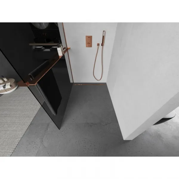 MEXEN/S - Kioto+ L Sprchová zástena WALK-IN s poličkou a držiakom uterákov 110 x 200, grafit, ružové zlato 800-110-123-60-40