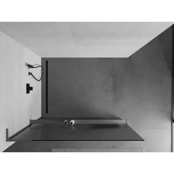 MEXEN/S - Kioto+ L Sprchová zástena WALK-IN s poličkou a držiakom uterákov 110 x 200, prúžky, grafit metal 800-110-123-95-09