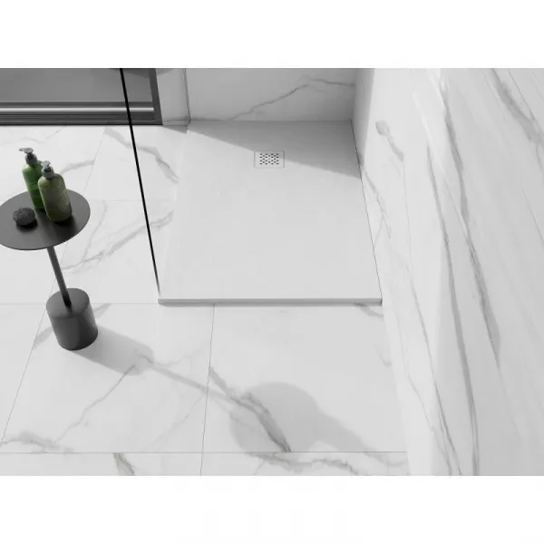 MEXEN/S - Stone+ obdĺžniková sprchová vanička 130 x 90, biela, mriežka biela 44109013-W