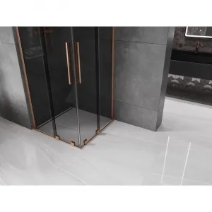 MEXEN/S - Velar L Duo sprchovací kút, posuvné dvere 90 x 90, grafit, meď kartáčovaná 871-090-090-02-43-65
