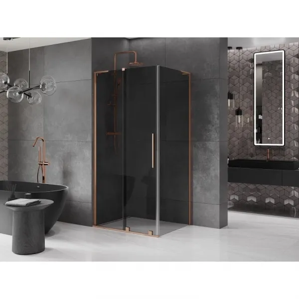 MEXEN/S - Velar L sprchovací kút, posuvné dvere 90 x 80, grafit, meď kartáčovaná 871-090-080-43-65
