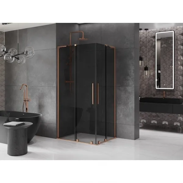 MEXEN/S - Velar L Duo sprchovací kút, posuvné dvere 100 x 90, grafit, meď kartáčovaná 871-100-090-02-43-65