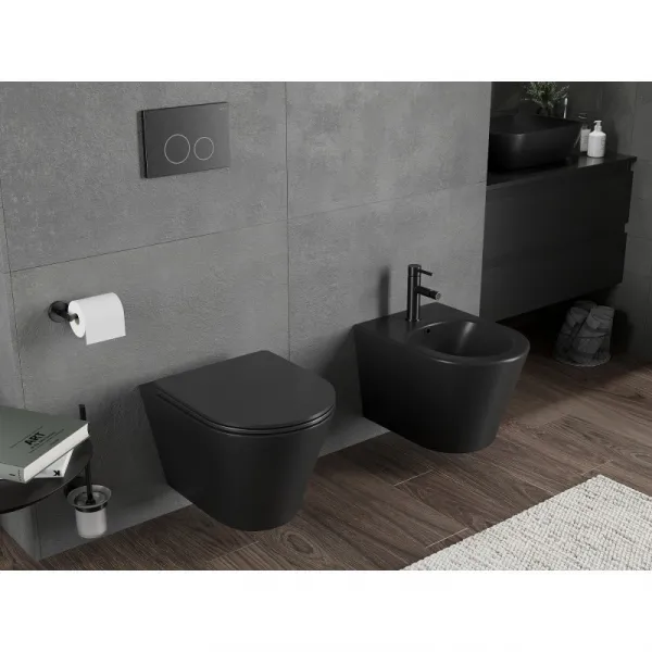 MEXEN/S - Rico Závesná WC misa Rimless Tornado vrátane sedátka s slow slim, duroplast, čierna mat 30721085T