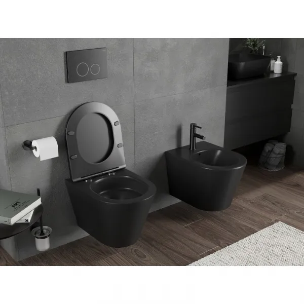 MEXEN/S - Rico Závesná WC misa Rimless Tornado vrátane sedátka s slow slim, duroplast, čierna mat 30721085T