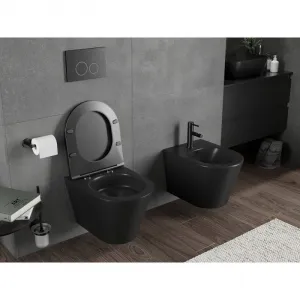 MEXEN/S - Rico Závesná WC misa Rimless Tornado vrátane sedátka s slow slim, duroplast, čierna mat 30721085T
