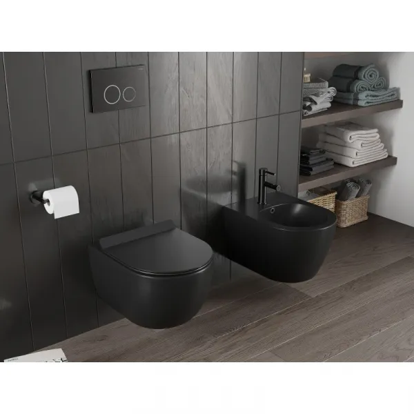 MEXEN/S - Carmen Závesná WC misa Rimless Tornado vrátane sedátka s slow slim, duroplast, čierna mat 30880185T